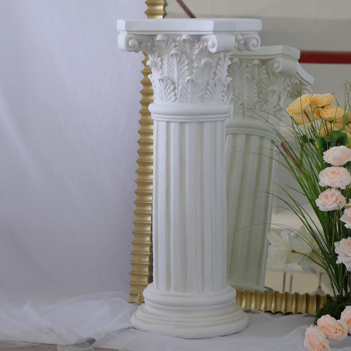 VISIBLE Decorative Roman Column Pedestal, Black Bronze, MGO Cement with Fiber, Classical Garden Pillar, Indoor Outdoor Decor (White, 33.5IN)