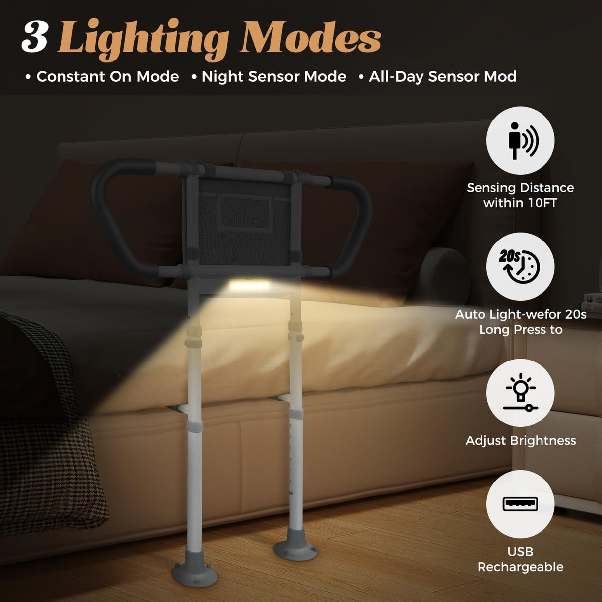 easymake Bed Rails for Elderly Adults Safety: Adjustable Bedside Assist Rails with Storage Pockets, Non-Slip Handles, Sensor Night Light, 400LB Gravity Capacity