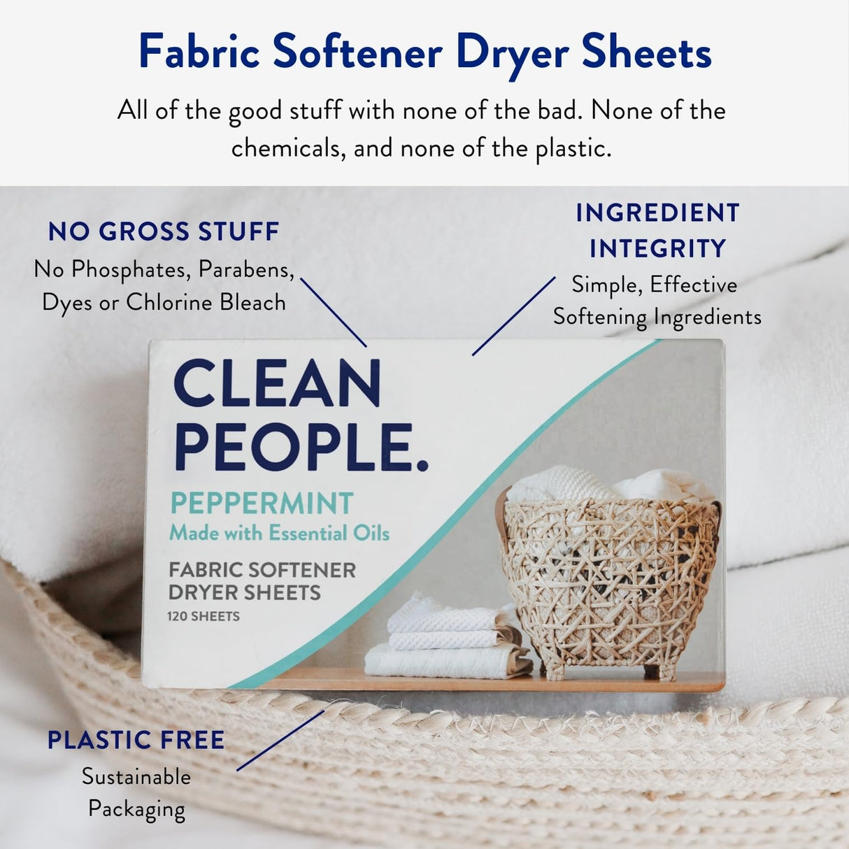 The Clean People Fabric Softener Sheets - Dryer Sheets - Softens & Removes Static - Vegan Laundry Softener With Essential Oils - Peppermint 240 Pack