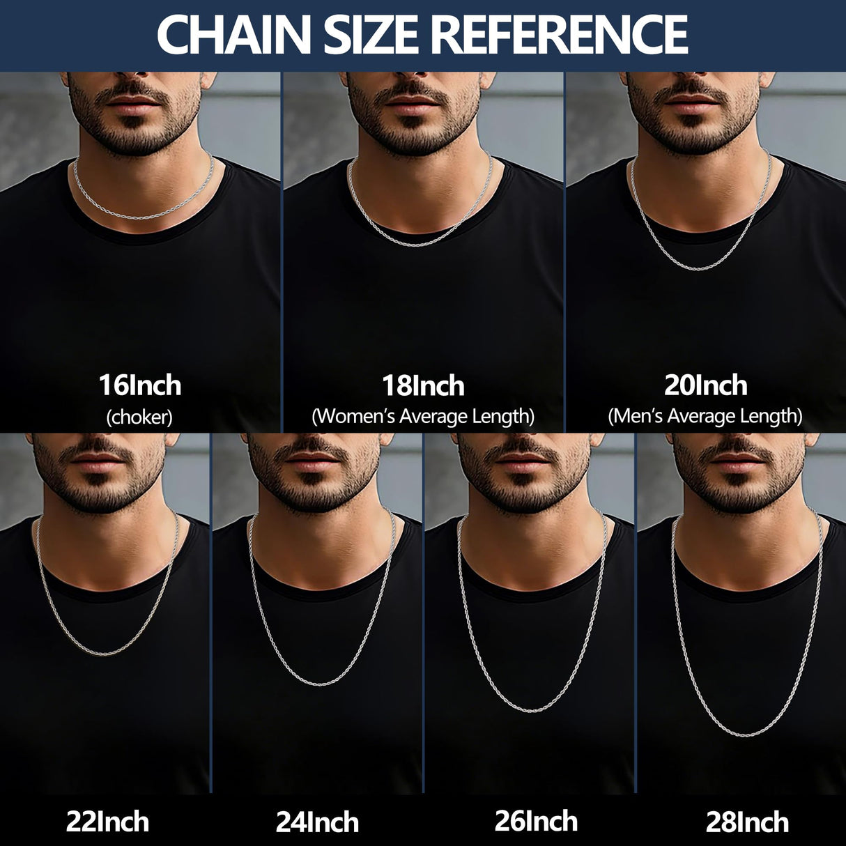 Fiusem Silver Chain Necklace for Men 3mm Stainless Steel Rope Chain 24 Inch