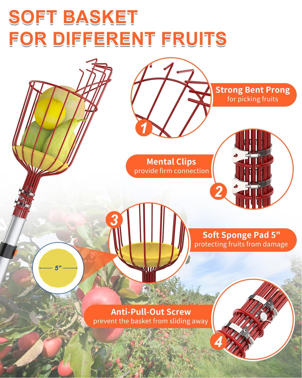 Buyplus 26ft High Reach Fruit Picker with Basket Telescoping, 5-20 Foot Heavy Duty Sturdy Aluminium Telescoping Extension Pole, Easy to Attach Twist-On Metal Basket for Picking Mango Avocado Lemon