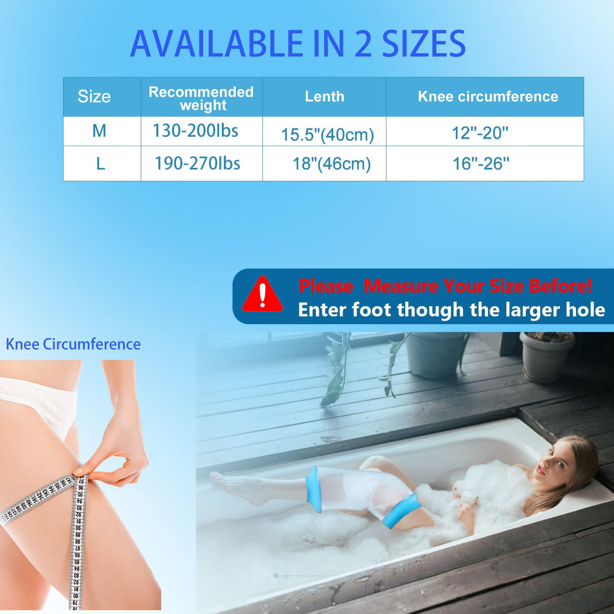 Divvsck Waterproof Knee Cast Cover for Shower, Watertight Cast Bag, Reusable, Shower Protector for Knee Replacement Surgery, Wound, Burns (L)