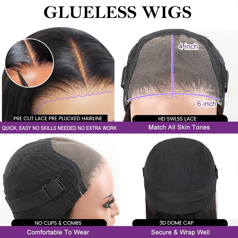 Daveila Body Wave Glueless Wig Human Hair Pre Plucked Pre Cut Glueless Lace Front Wig Ready to Wear 6x4 Body Wave Closure Wig Human Hair 180% Density Body Wave Pre Plucked Human Hair Wig Lace 22 Inch