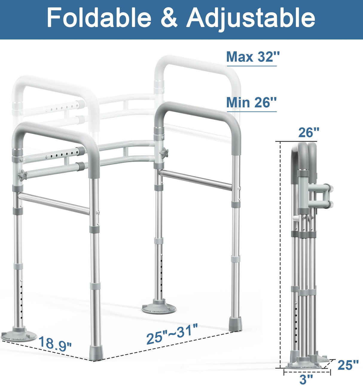 HOMLAND Toilet Safety Rails for Seniors, FSA HSA Eligible Adjustable Height & Width 350lb Toilet Handles for Elderly and Disabled, Foldable Toilet Safety Frame, Fit Any Toilet