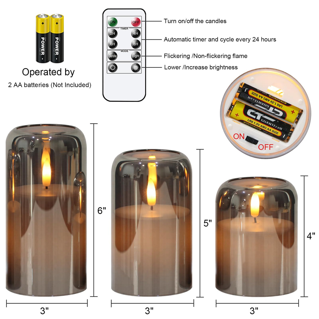 GenSwin Glass LED Candles with Remote Timer, Black Flameless Candles Battery Operated with Flickering Flame, Glass and Real Wax Pillar Candle for Halloween Christmas Home Decor(Set of 3, D3”x4”5”6”)