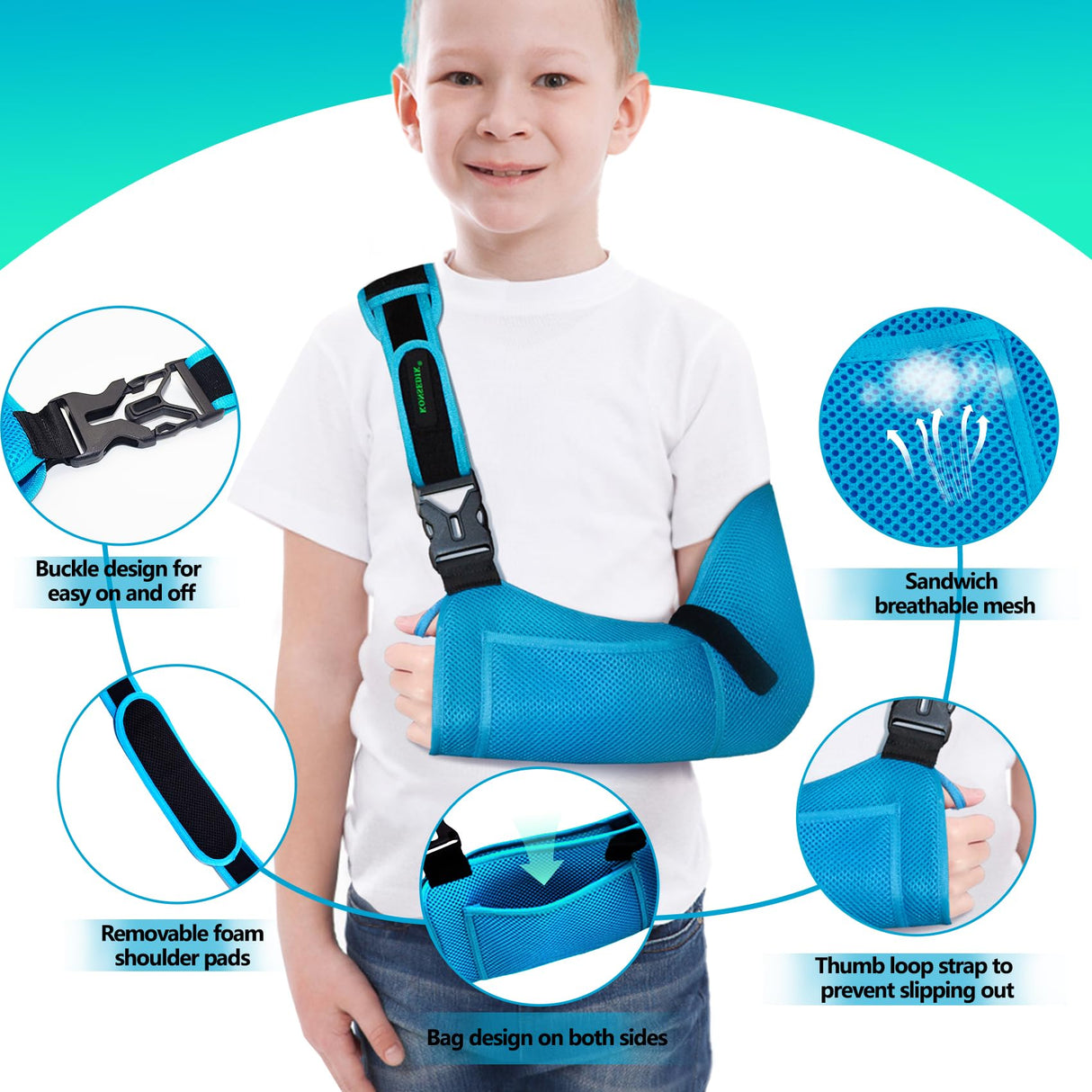 KONSEDIK Kids Arm Sling for left and right,Breathable Kids Medical Shoulder Sling with pocket,for Pediatric Rotator Cuff Injury,Arm,Wrist,Elbow,Clavicle Fracture Post-Surgery(Blue,X-Small)