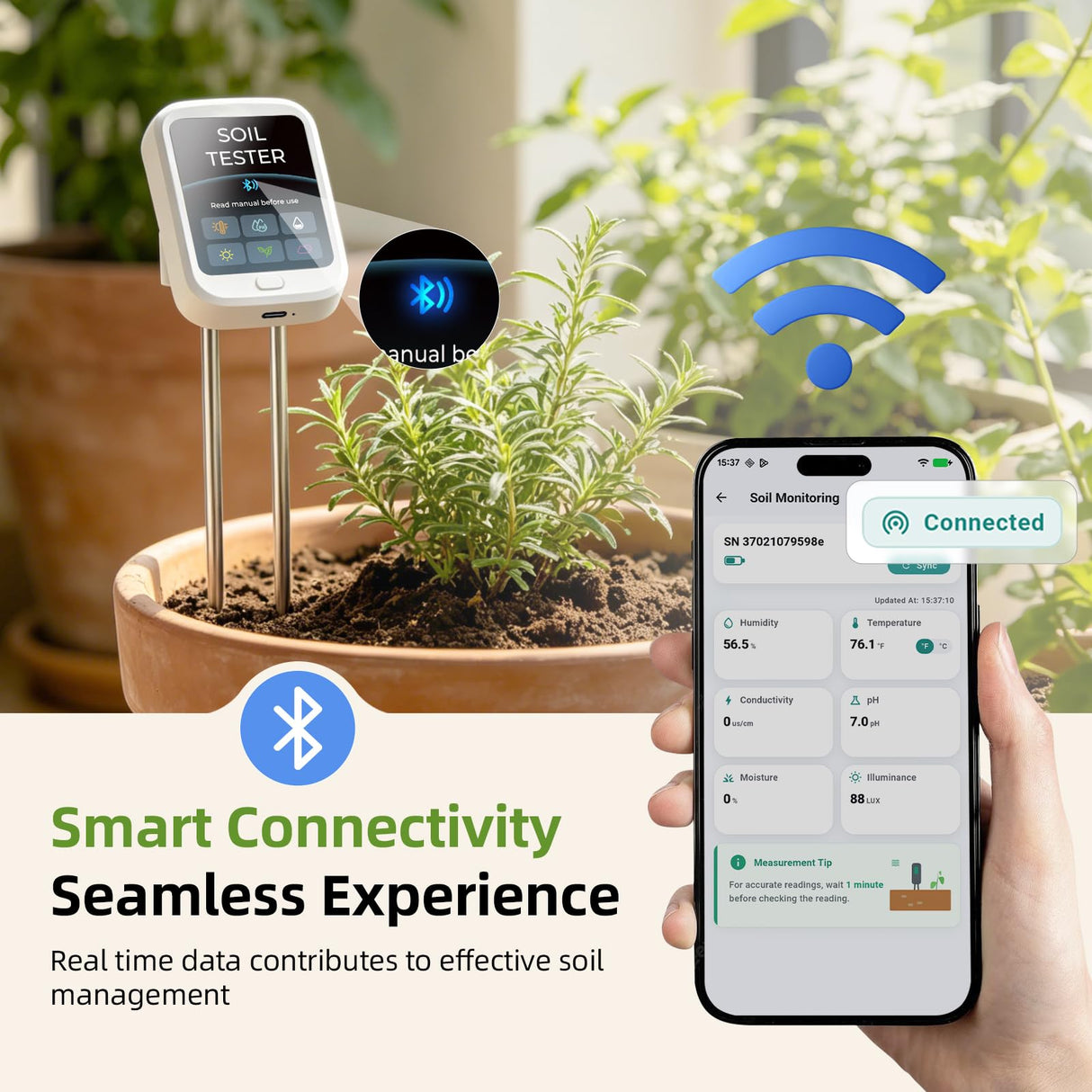 KGLLIFE 6-in-1 Soil Test Kit, pH/Humidity/Moisture/Temperature/Conductivity/Illuminance Soil Meter for Indoor & Outdoor, Soil Tester with Bluetooth Connectivity, Garden Tools for Plant Lover