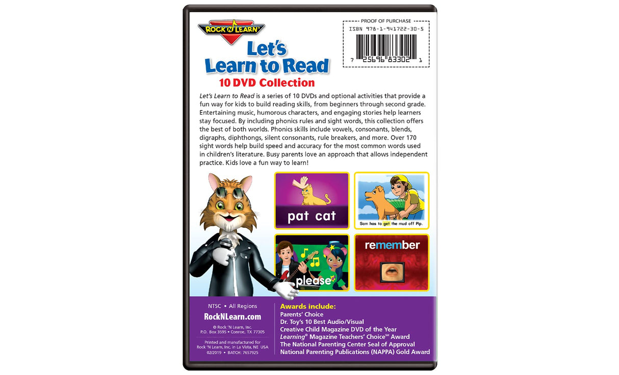 Let’s Learn to Read 10 DVD Collection by Rock ‘N Learn (170 sight words, covers all phonics rules, vowels, consonants, blends, digraphs, practice sections to build reading fluency, 80 downloadable worksheets and more.)
