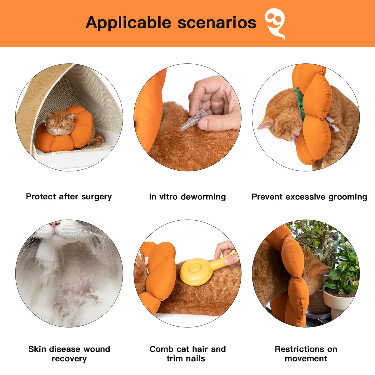 Cat Cone Collar,Cute Waterproof Recovery Collar,Anti-Bite Lick Wound Healing Safety Elizabethan e Collar for Cats,Orange Pumpkin Cat Halloween Costume