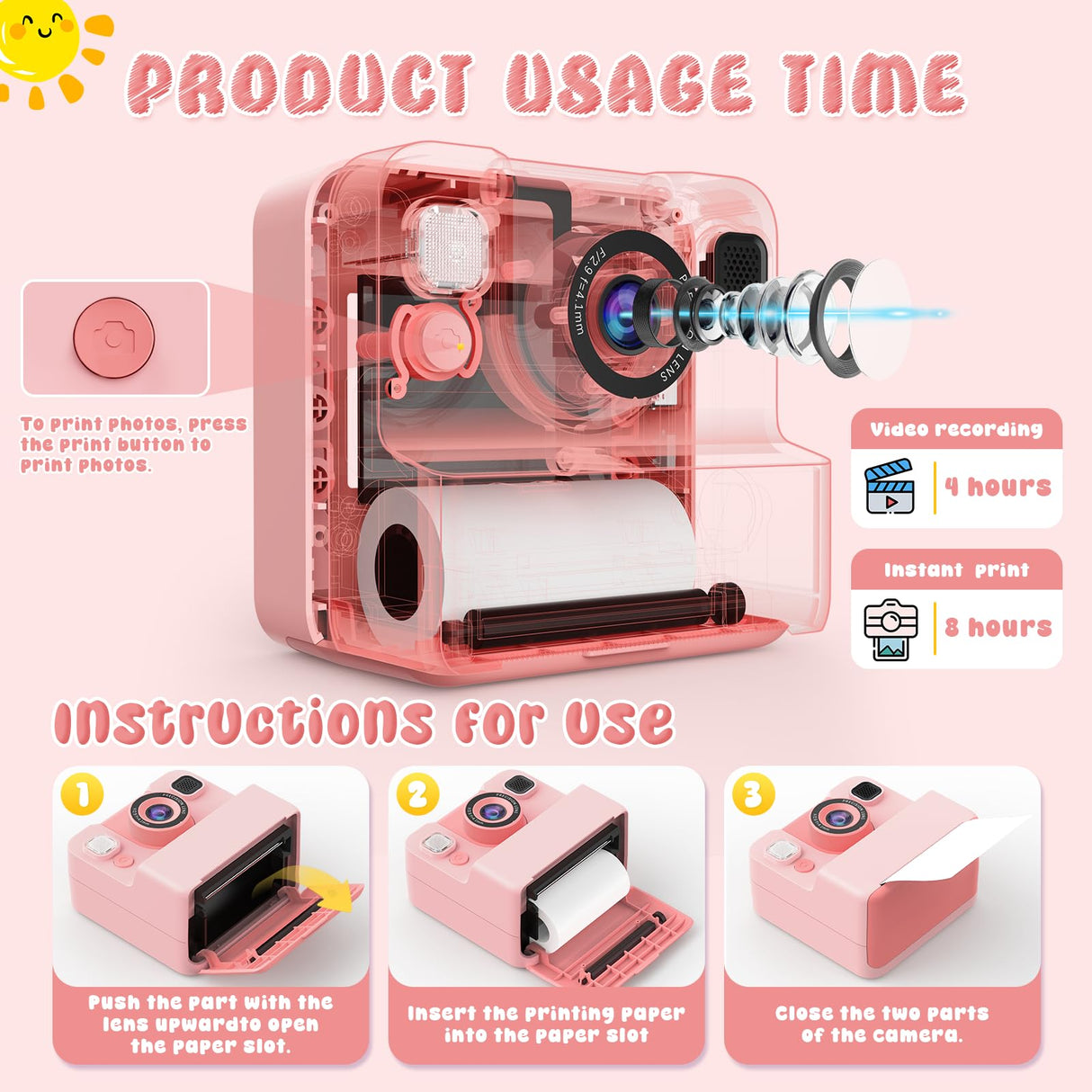 Kids Camera Instant Print Toys for Teenage Girls:1080P HD Digital Video Cameras for Girls, Christmas Birthday Gifts for 3 4 5 6 7 8 9 10 11 12 13 14 Year Old Girl with 32GB Sd Card-Pink