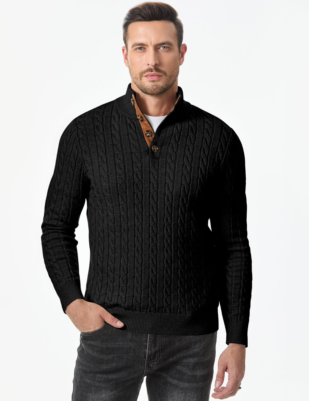 JMIERR Men's Cable Knit Slim Fit Casual Long Sleeve Essentials Soft Touch Button Stand Collar Wool Christmas Sweaters, M, Black