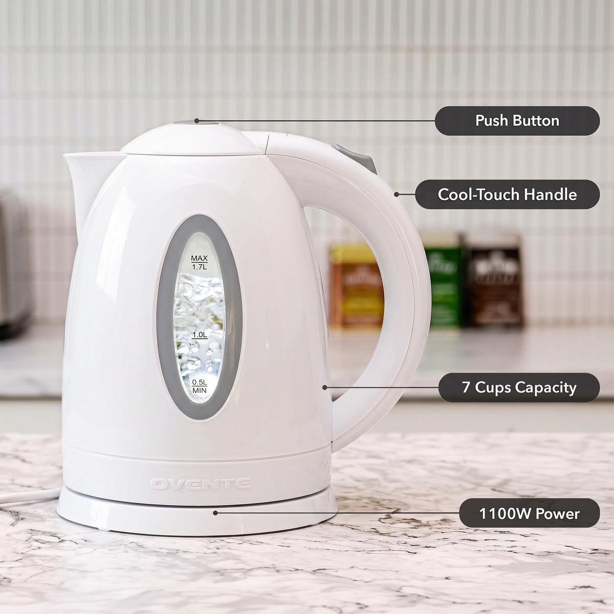 OVENTE 1.7L Electric Tea Kettle, Fast Boiling Water Heater, White KP72W