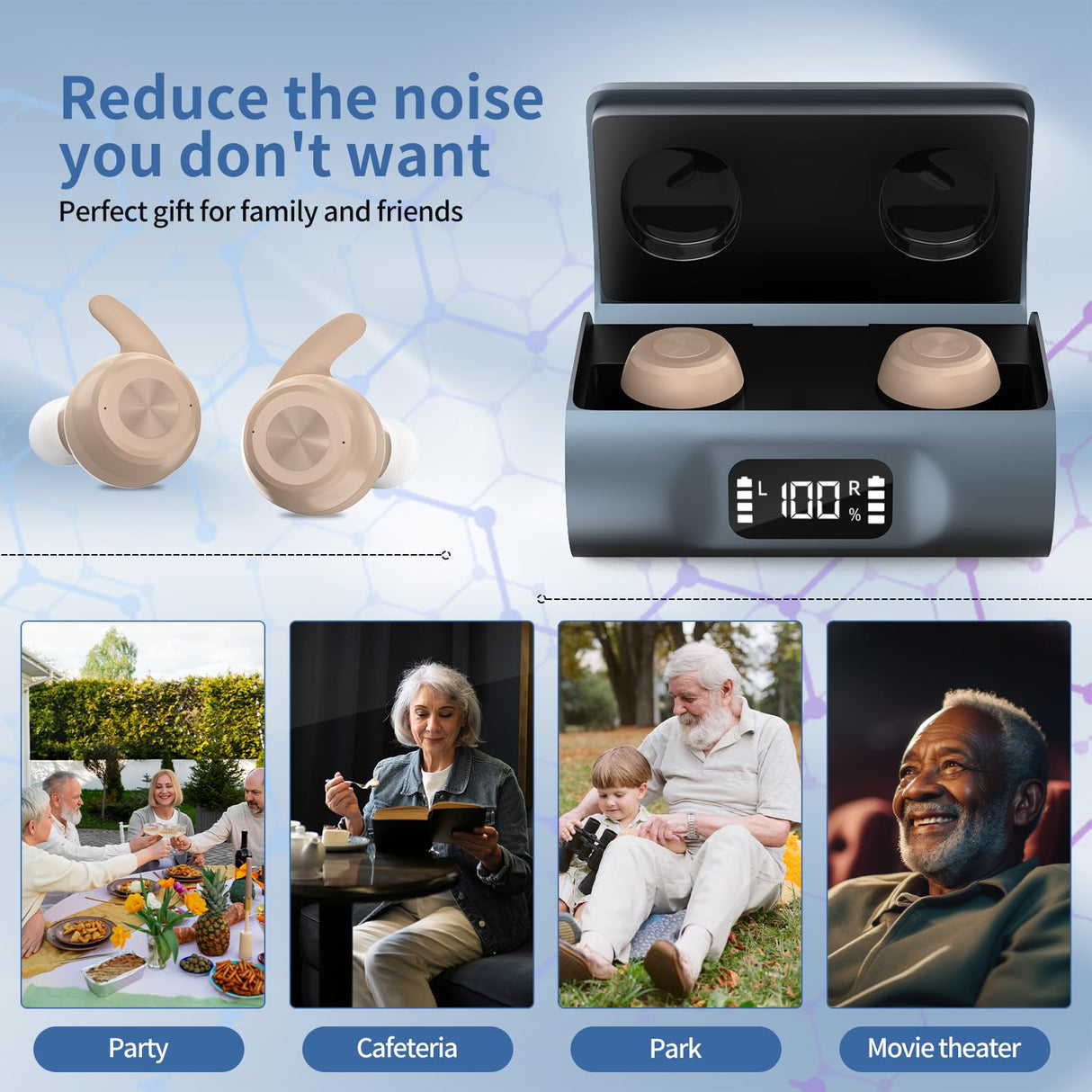 Hearing Aids for Seniors, OTC Hearing Aid Rechargeable with Noise Cancellation Adults, senior Invisible Hearing Amplifier With Portable Charging Case Premium Comfort Design(Beige)