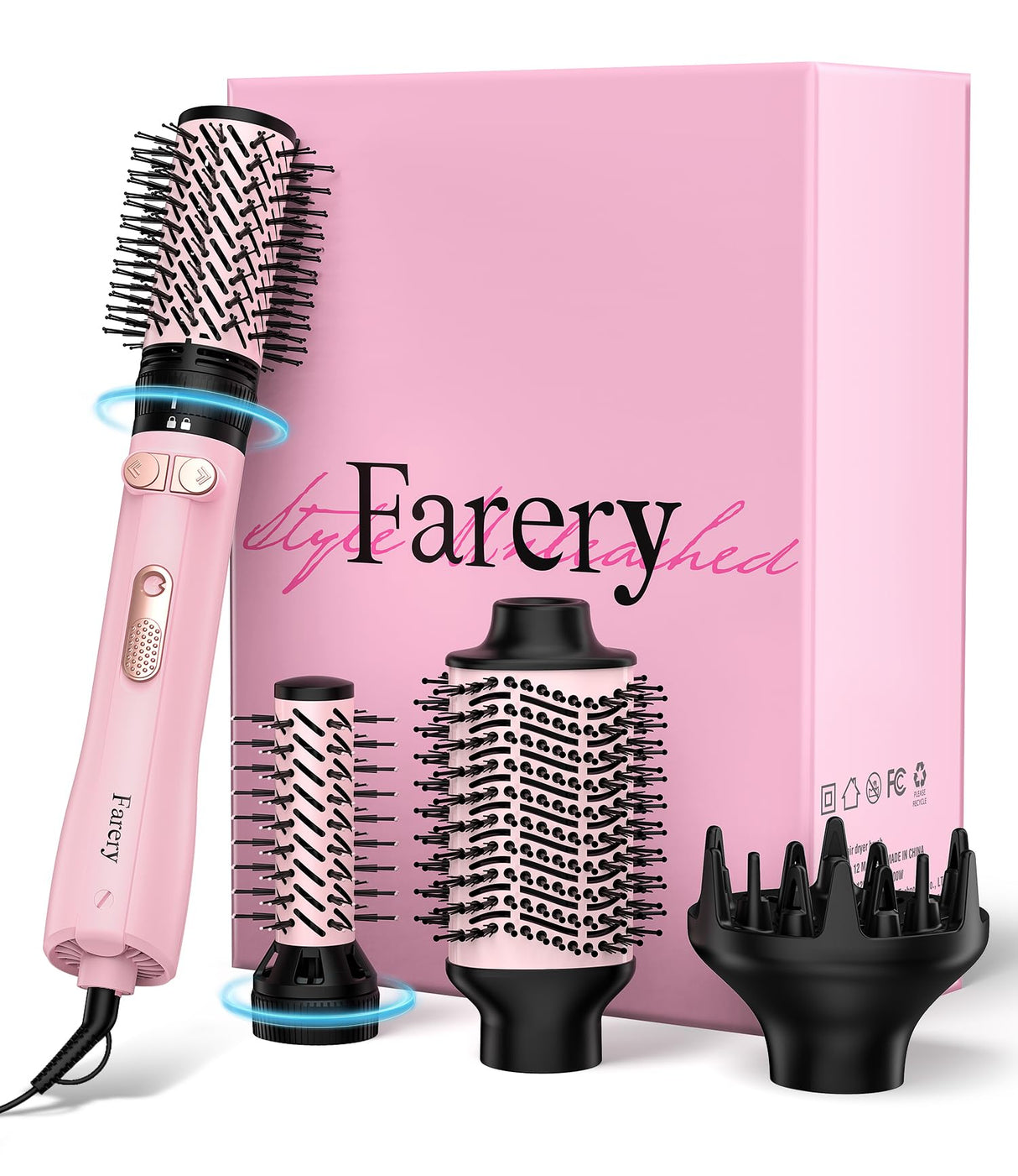 Farery 4-in-1 Rotating Blow Dryer Brush Set | Oval Volumizing Barrel, 1.5" & 2" Rotating Brushes, and Diffuser | All-in-One Hot Air Brush for Fast Drying, Volumizing, and Smoothing