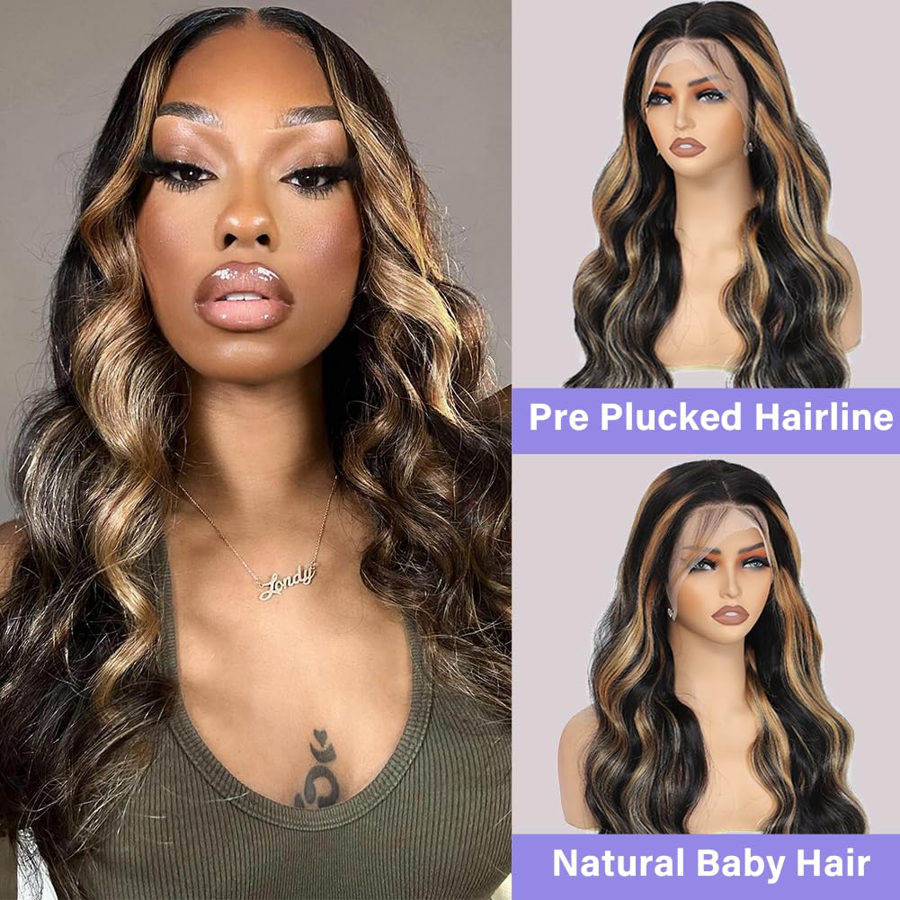 Aveiyce 13x6 1b/27 Highlight Ombre Balayage Lace Front Wigs Human Hair Black and Blonde Body Wave Lace Frontal Wig Pre Plucked with Baby Hair for Black Women HD Transparent 180% Density Wig 24 Inch