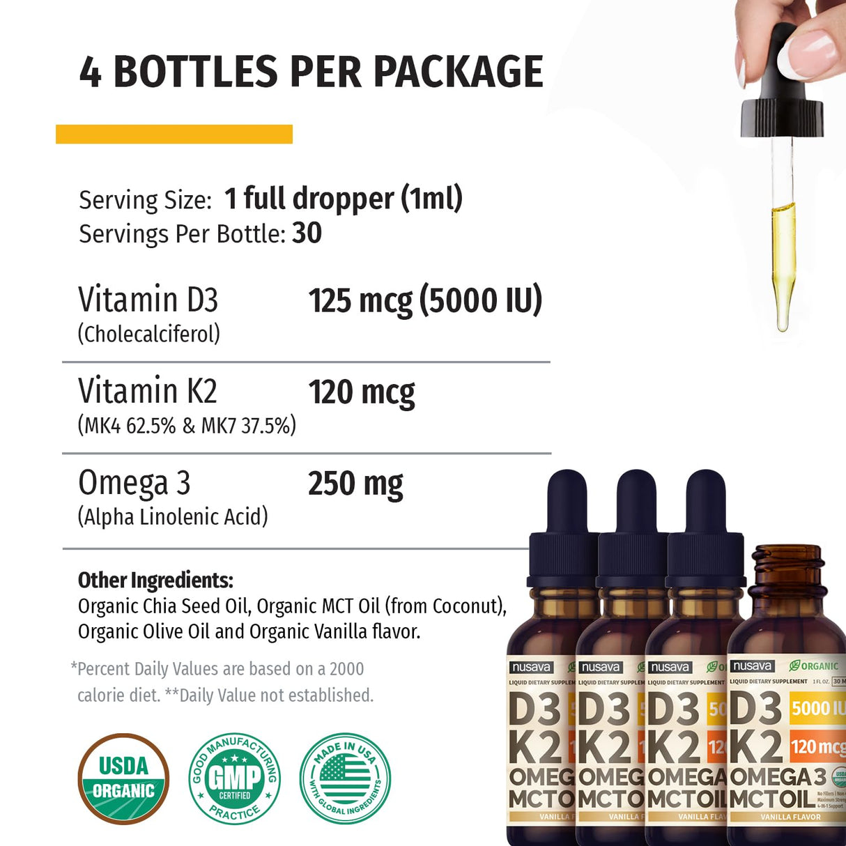 (4 Pack) Organic Vitamin D3 K2 Drops with MCT Oil Omega 3, 5000 IU, Maximum Strength Vitamin D Liquid - No Fillers, Non-GMO Liquid D3 for Faster Absorption & Immune Support (Vanilla, 4 Fl Oz)