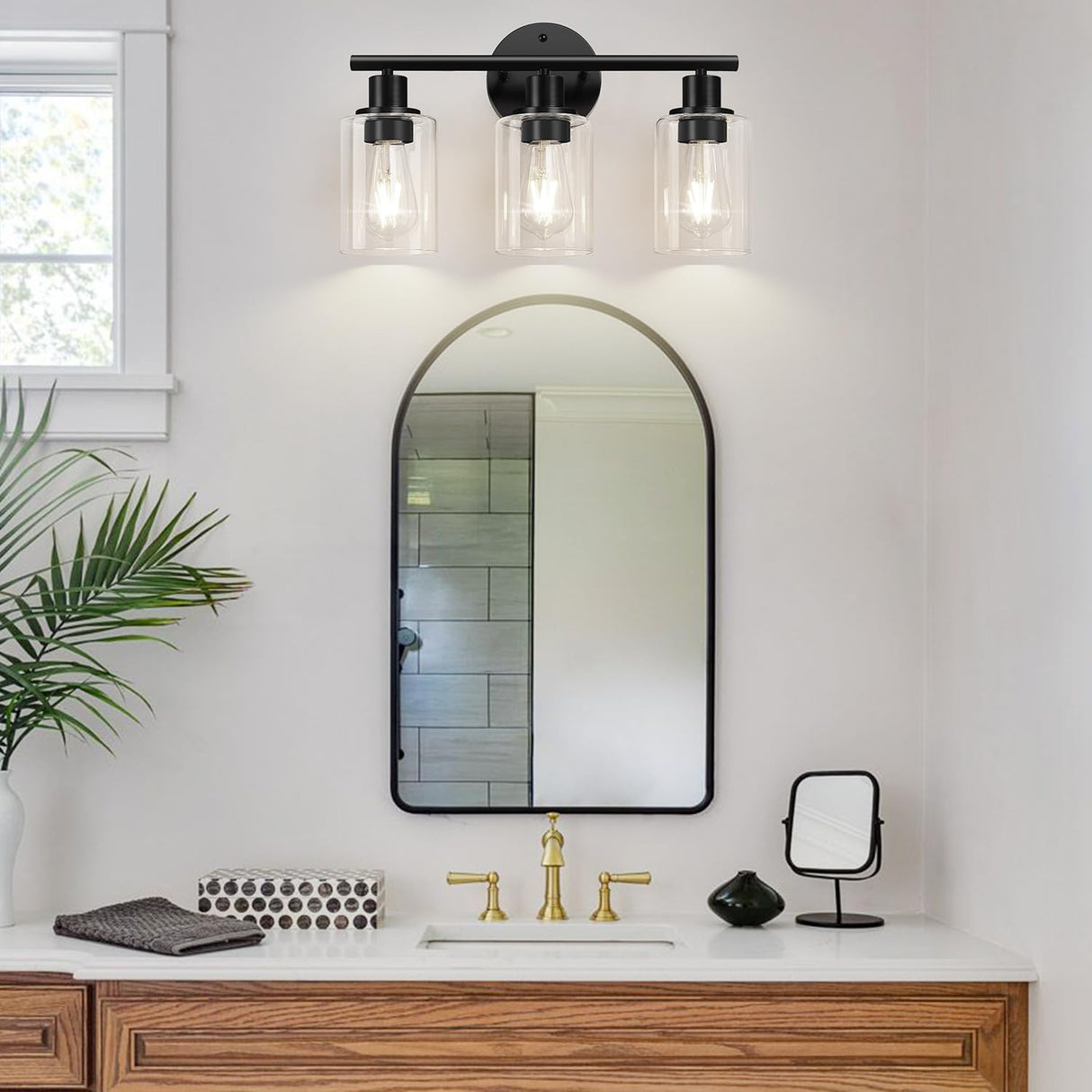 Zarbitta 3-Light Bathroom Light Fixtures, 17.23" Black Modern Vanity Lights with Clear Glass Shade, Bathroom Wall Lamp for Mirror Kitchen Living Room Hallway Cabinet Porch