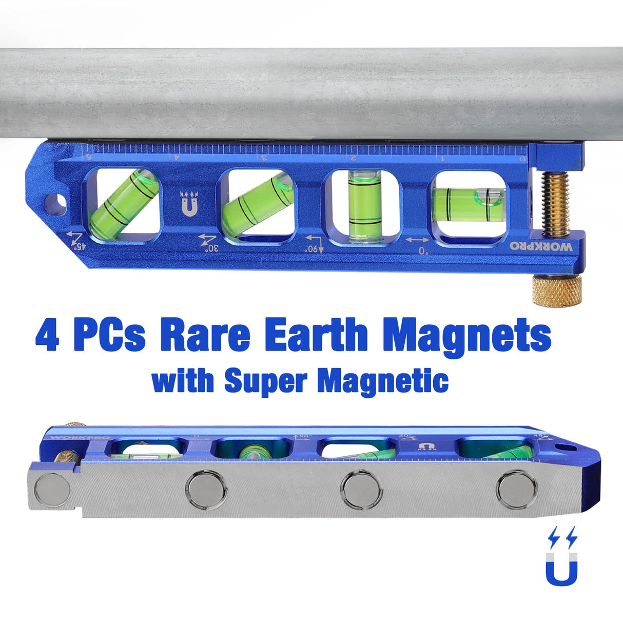 WORKPRO Magnetic Torpedo Level, Conduit Bending Level, Bubble Vials for 0°/90°/30°/45° Measurements, Aluminum Alloy Construction, 6.3-inch, Cobalt Blue