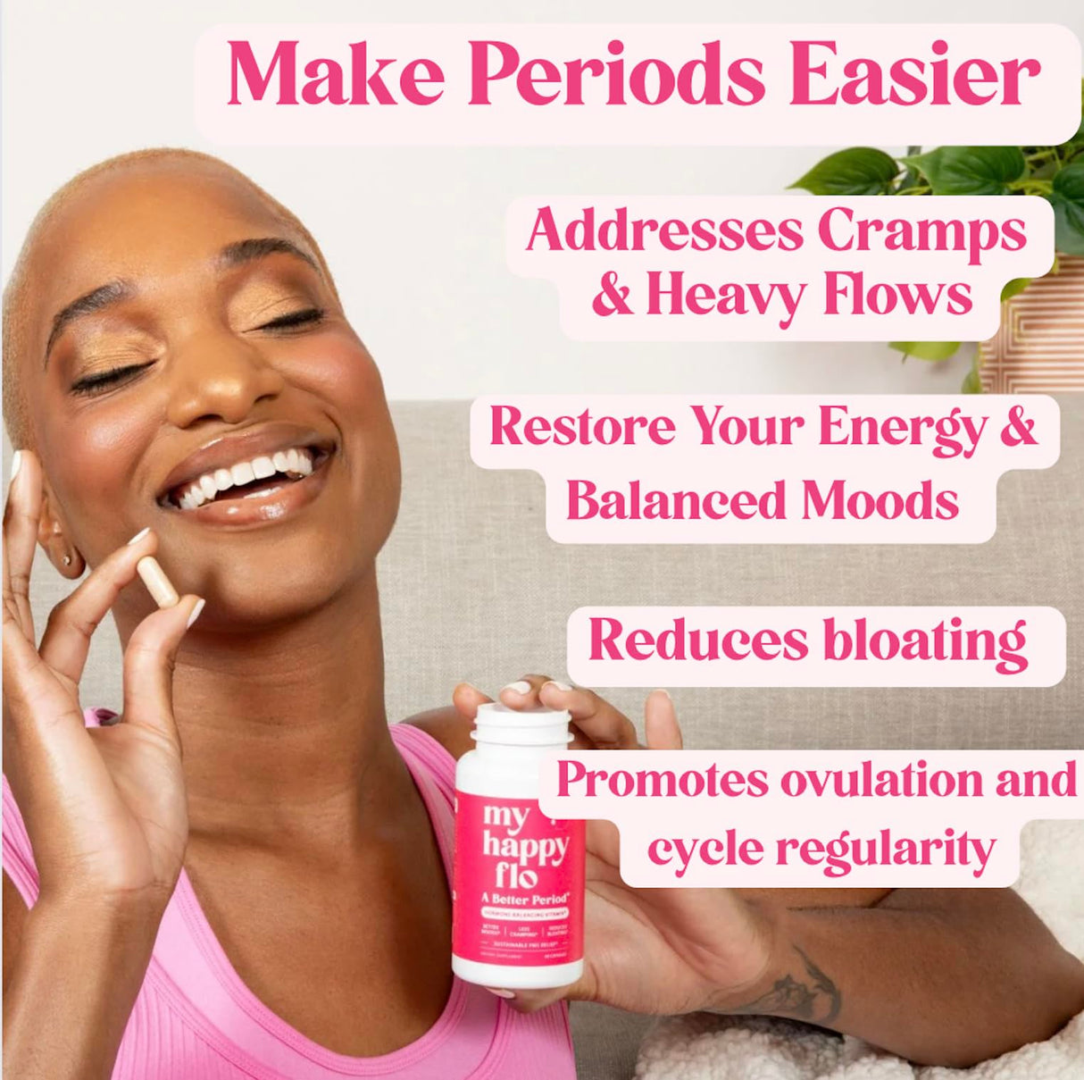 My Happy Flo PMS Support Supplement for Women with Iron, PMS Relief Hormone Support for Women, 10-in-1 PMDD Supplements for Women | DIM & I3C Indole-3-Carbinol for Cramp Relief, Heavy Flow - 60 Caps