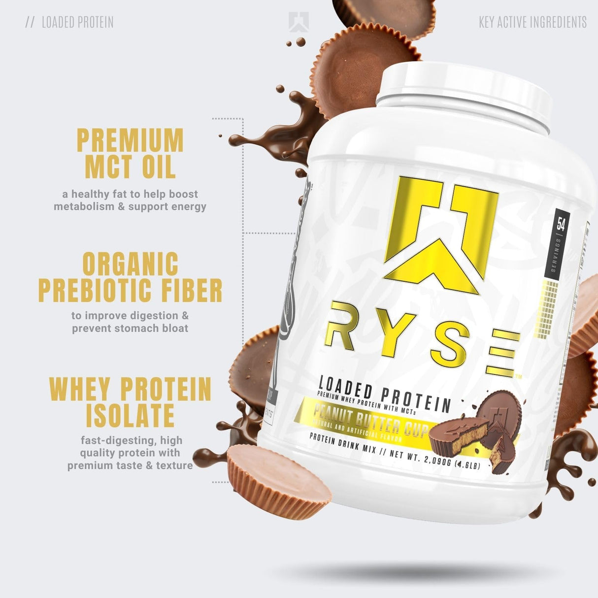 RYSE Loaded Protein Powder - Peanut Butter Cup - 25g Whey Protein Isolate & Concentrate with Prebiotic Fiber & MCTs - Low Carb, Low Sugar, Digestive-Friendly - 54 Servings / 4 lb Tub
