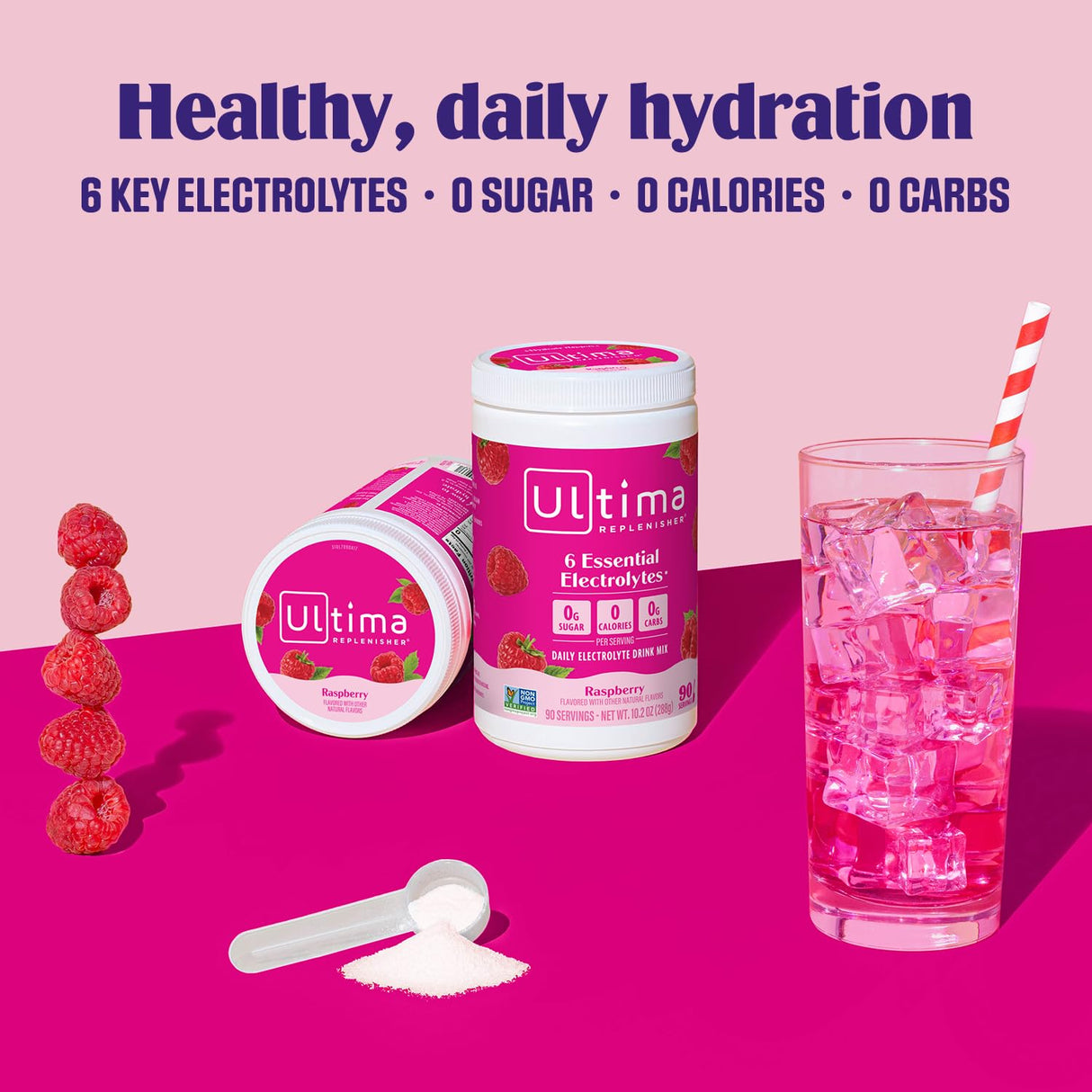 Ultima Replenisher Daily Electrolyte Powder Drink Mix – Sugar Free – Raspberry, 90 Servings – Hydration Powder with 6 Key Electrolytes and Trace Minerals – Keto Friendly, Vegan, Non-GMO