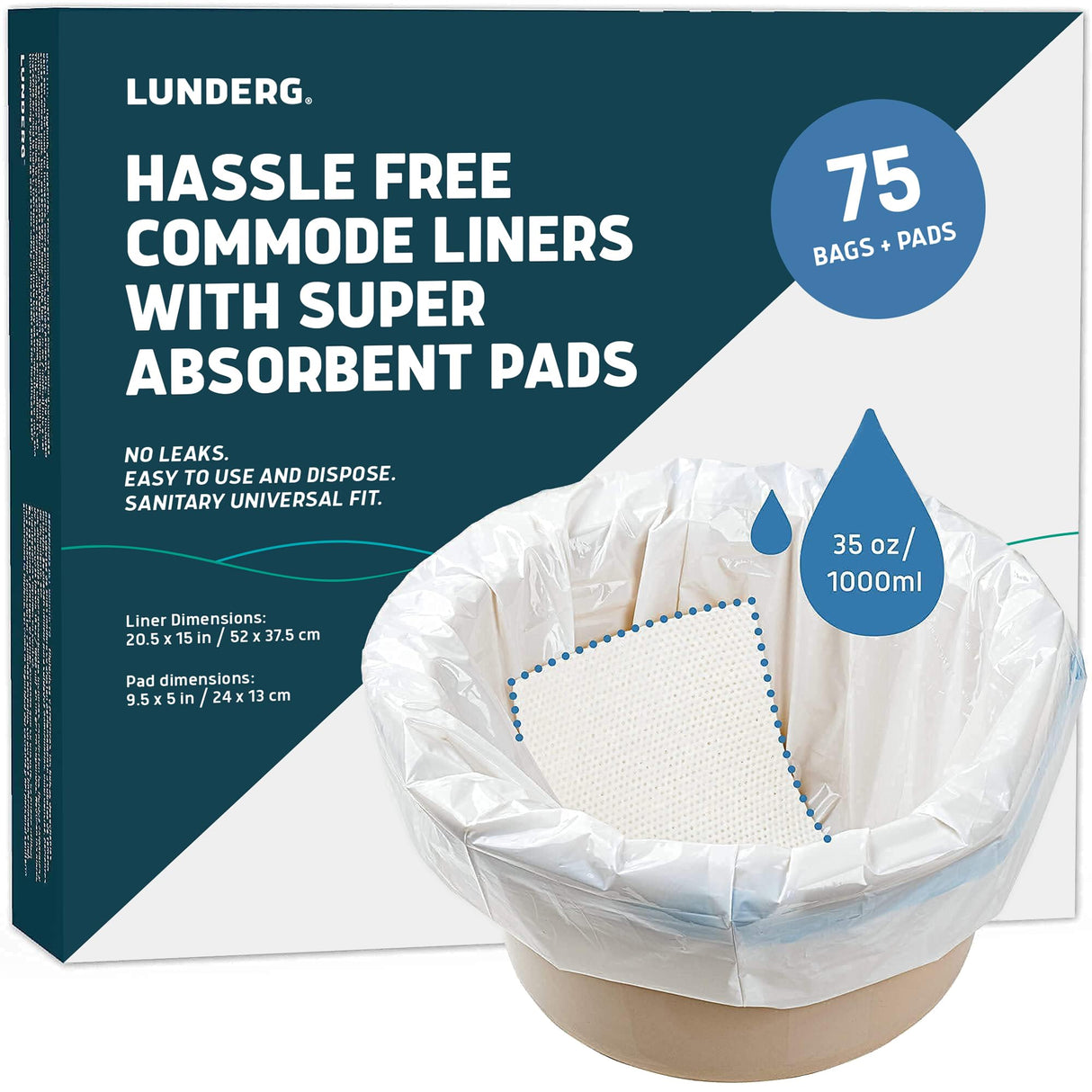 Lunderg Commode Liners with Absorbent Pads - Value Pack Medical Grade 75 Count Universal Fit - Disposable Bedside Commode Liners & Pads for Adult Chairs, Portable Potty Buckets & Camping Toilet Bags
