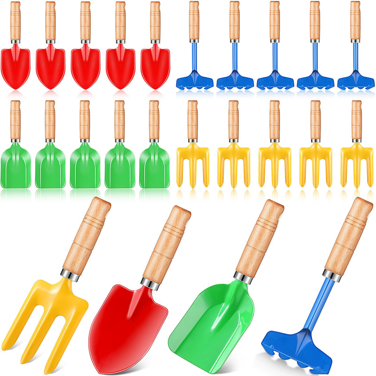 Motionchic 24 Pcs 8" Kids Gardening Tools, Metal Beach Sandbox Digging Toys with Wooden Handle, Including Shovel, Rake, Fork and Trowel, Garden Sand Snow Tools for Children Gift Outdoor Gardening