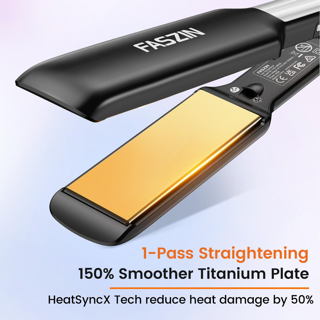 Faszin Professional Hair Straightener, 1.65inch Wide-Plate, Titanium Negative Ion Flat Iron, 30s Rapid Heating, LED Temp Display, Wide Voltage & 10 Adjustable Temp Levels (260-450℉) - Black