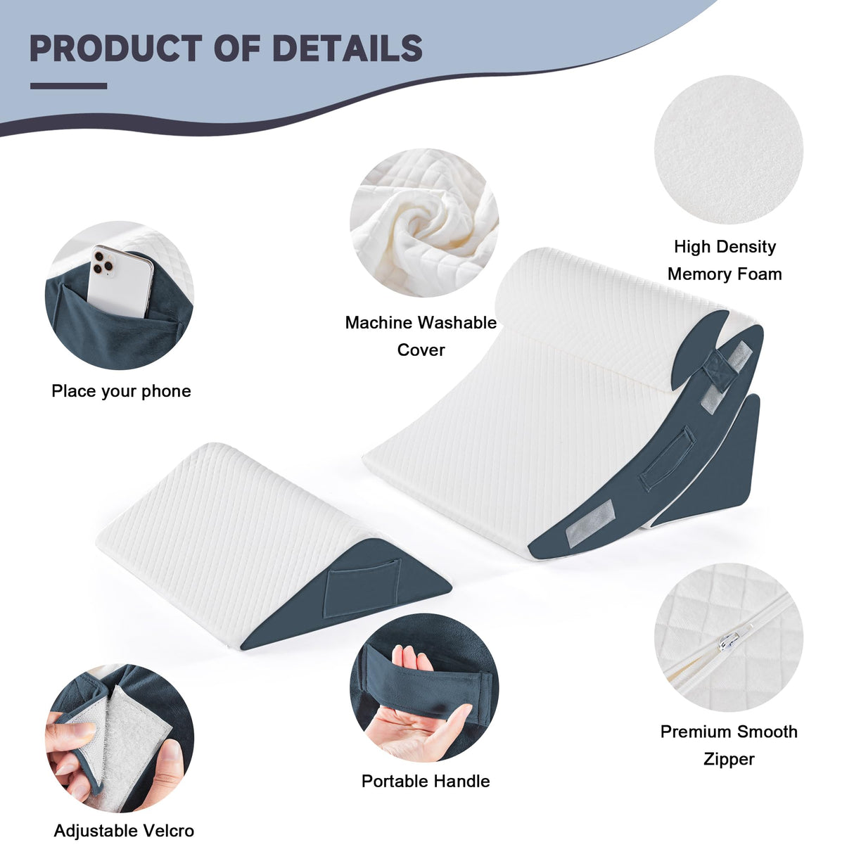 Yojoker 4PCS Orthopedic Bed Wedge Pillow Set for Sleeping, Post Surgery Foam Pillow for Body, Back and Leg Pain Relief, Triangle Adjustable Support Pillow - Acid Reflux Sleeping Pillows Navy