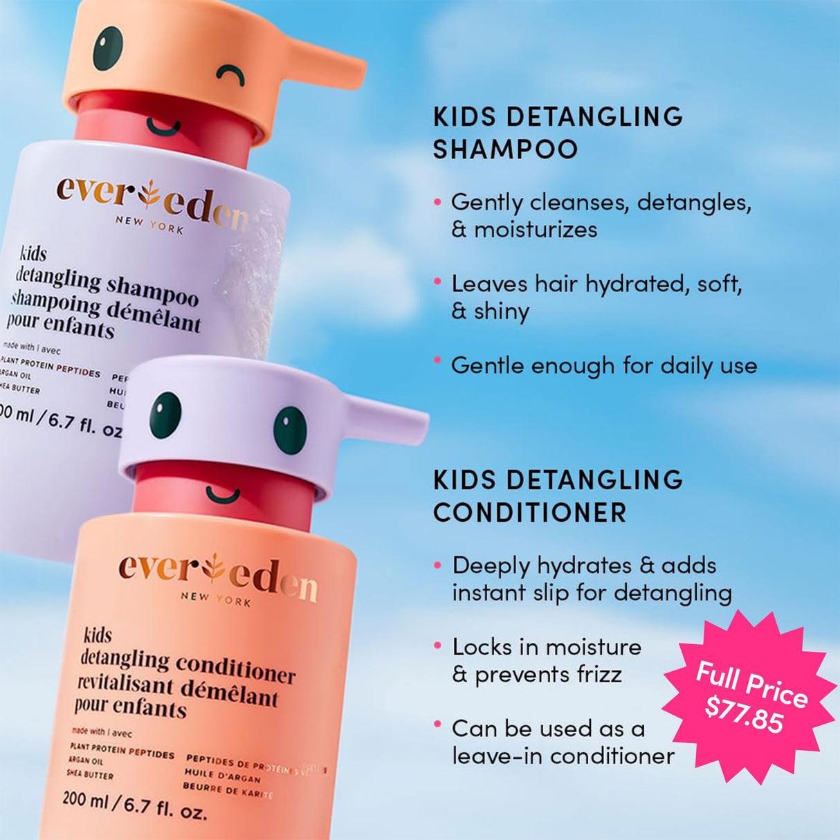 Evereden Happy Hair Duo for Kids: Vegan Shampoo and Conditioner Set with Detangler Brush - Strengthens & Smooths All Hair Types