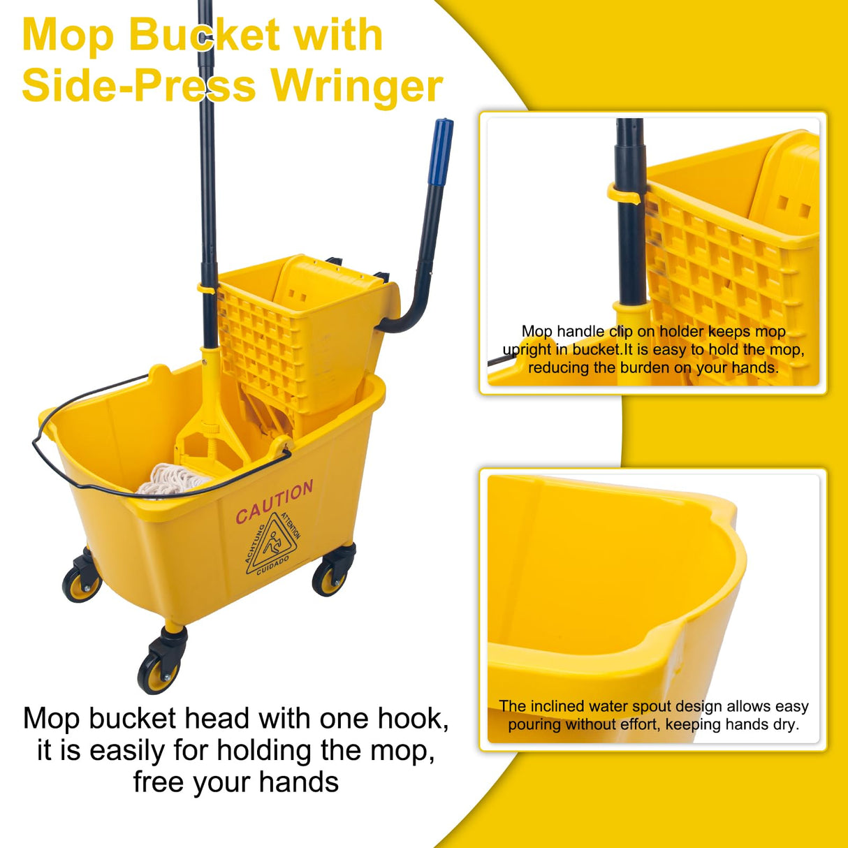 KeFanta 35 Quart Commercial Mop Bucket with Side Press Wringer on Wheels,Yellow,Include Heavy Duty Industrial Mop for Floor Cleaning,Household,Business,Restaurants and Janitorial Use