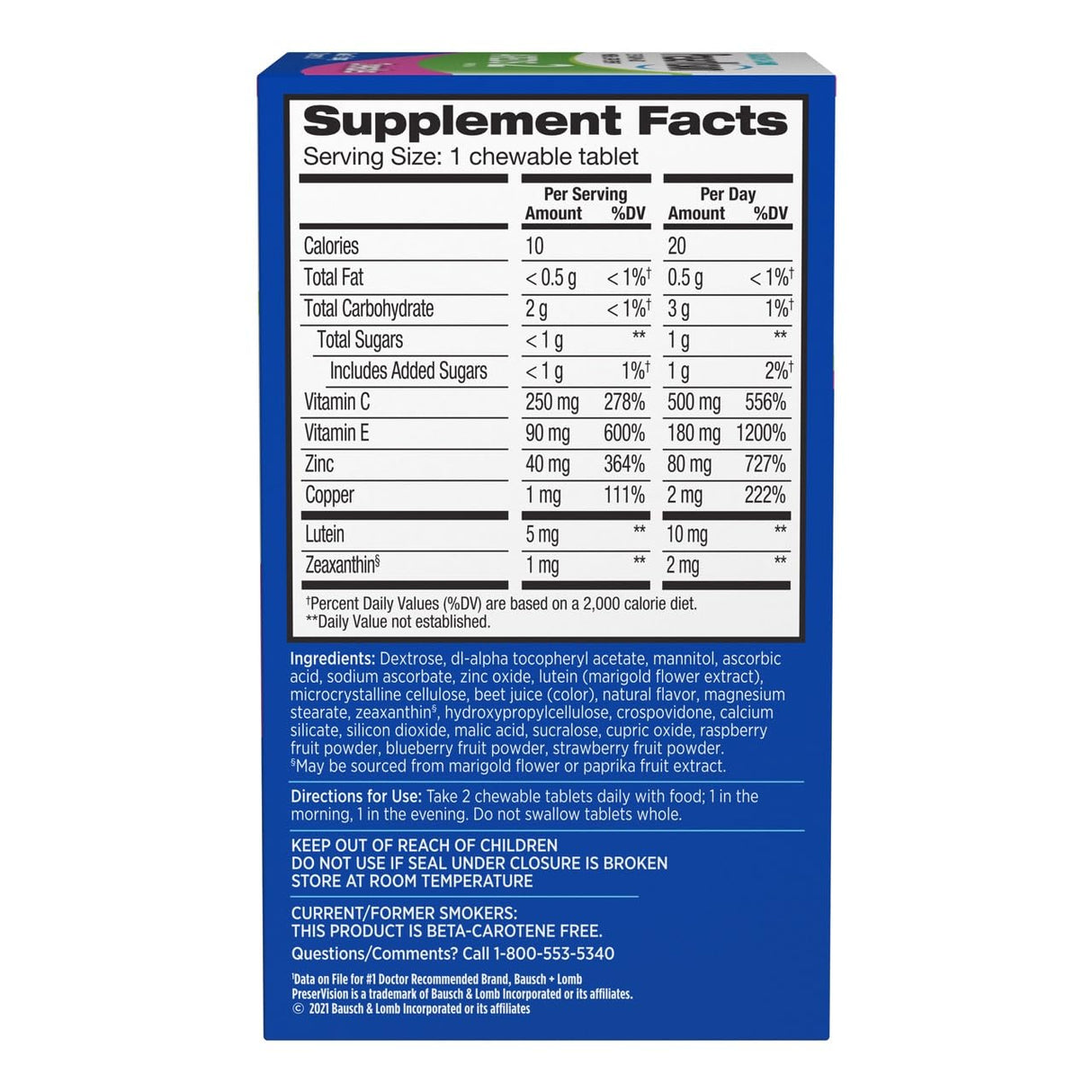 PreserVision AREDS 2 Eye Vitamins, #1 Eye Doctor Recommended Brand, Chewable Lutein and Zeaxanthin Supplement with Vitamin C, Vitamin E,Zinc, and Copper, Mixed Berry, 60 Tablets