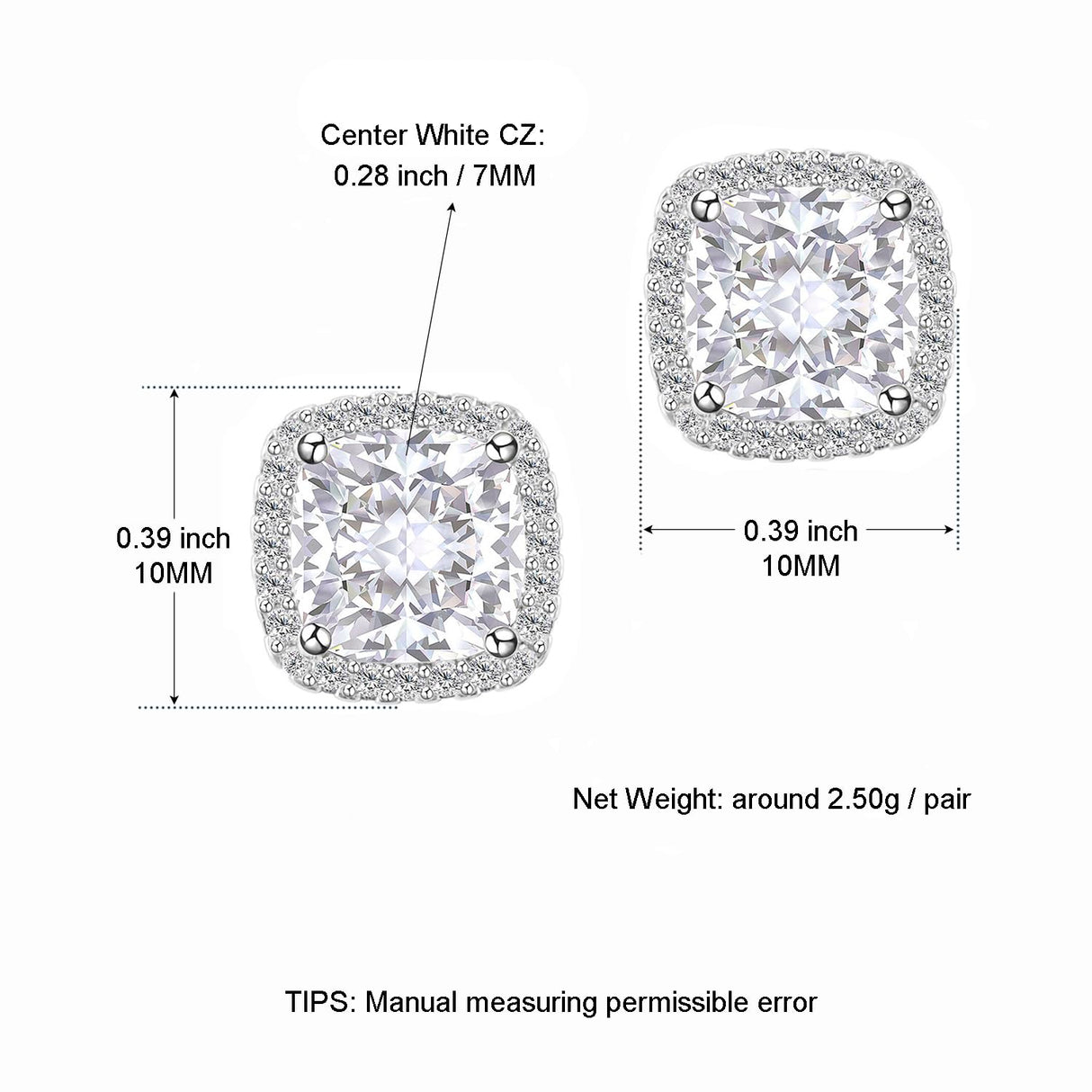 YOMELA White Square Cubic Zirconia Stud Earrings for Women