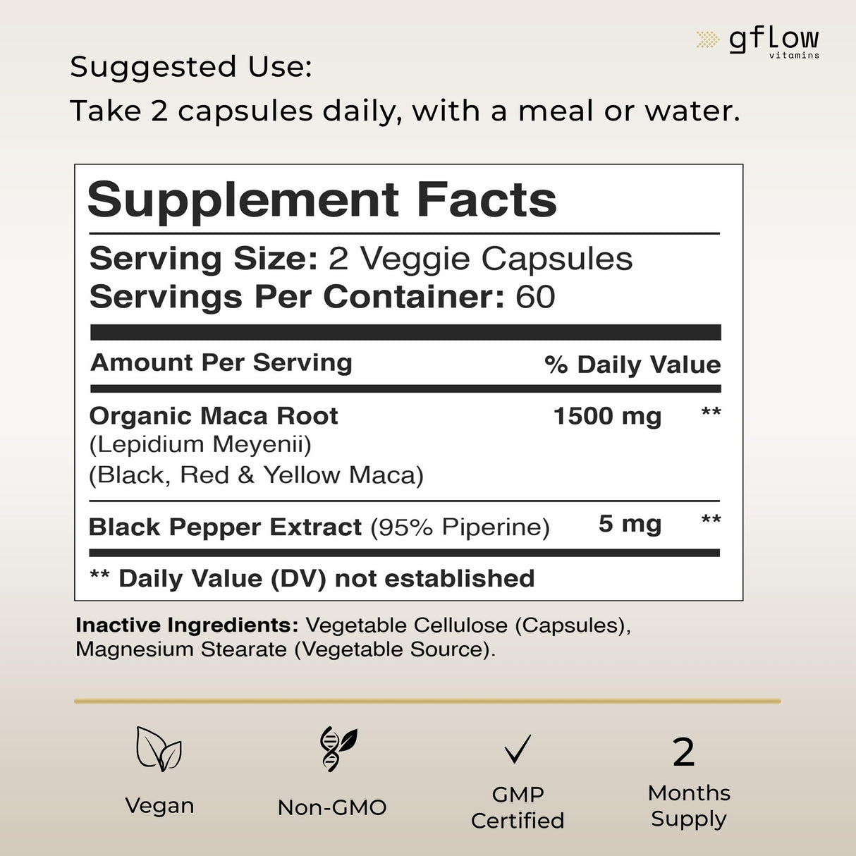 gflow vitamins Organic Maca Root Capsules 1500mg - Made with Black, Red, Yellow Peruvian Maca Root Extract & Black Pepper - 120 Vegan Pills - Supports Energy, Performance & Mood for Men & Women