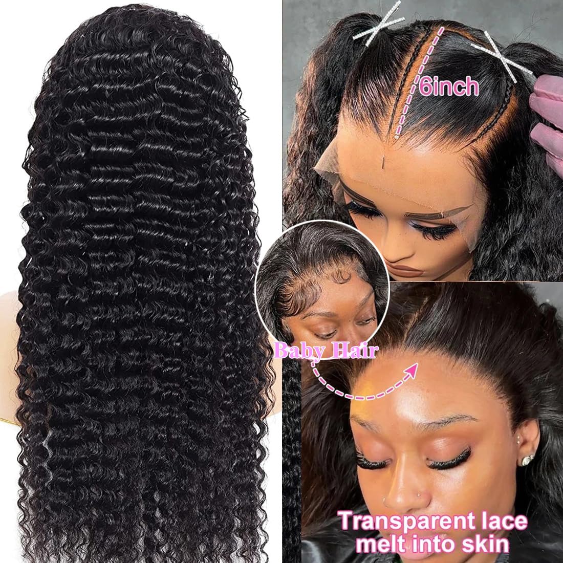 32 Inch Deep Wave Lace Front Wigs Human Hair 13x6 HD Lace Frontal Wigs Human Hair 200 Density Pre Plucked Deep Curly Lace Front Wigs For Women Glueless Deep Wave Wig with Baby Hair Natural Black