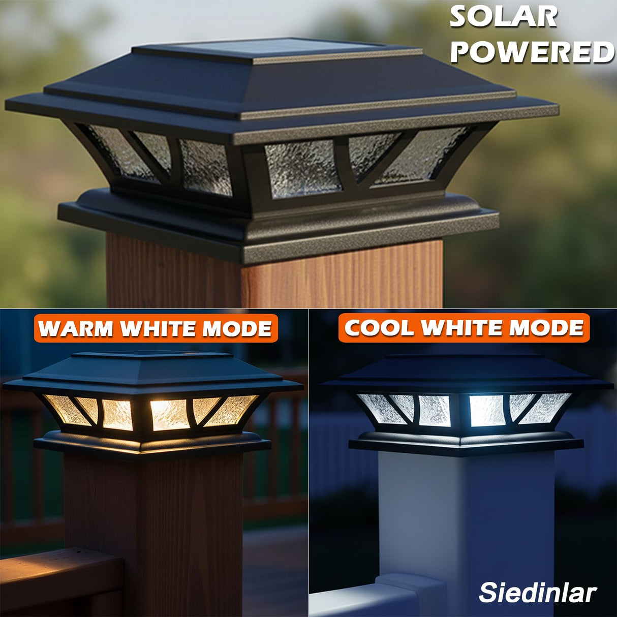 SIEDiNLAR Solar Post Lights Outdoor 2 Modes LED Deck Fence Cap Light for 4x4 5x5 6x6 Posts Patio Garden Decoration Warm White/Cool White Lighting Black (6 Pack)