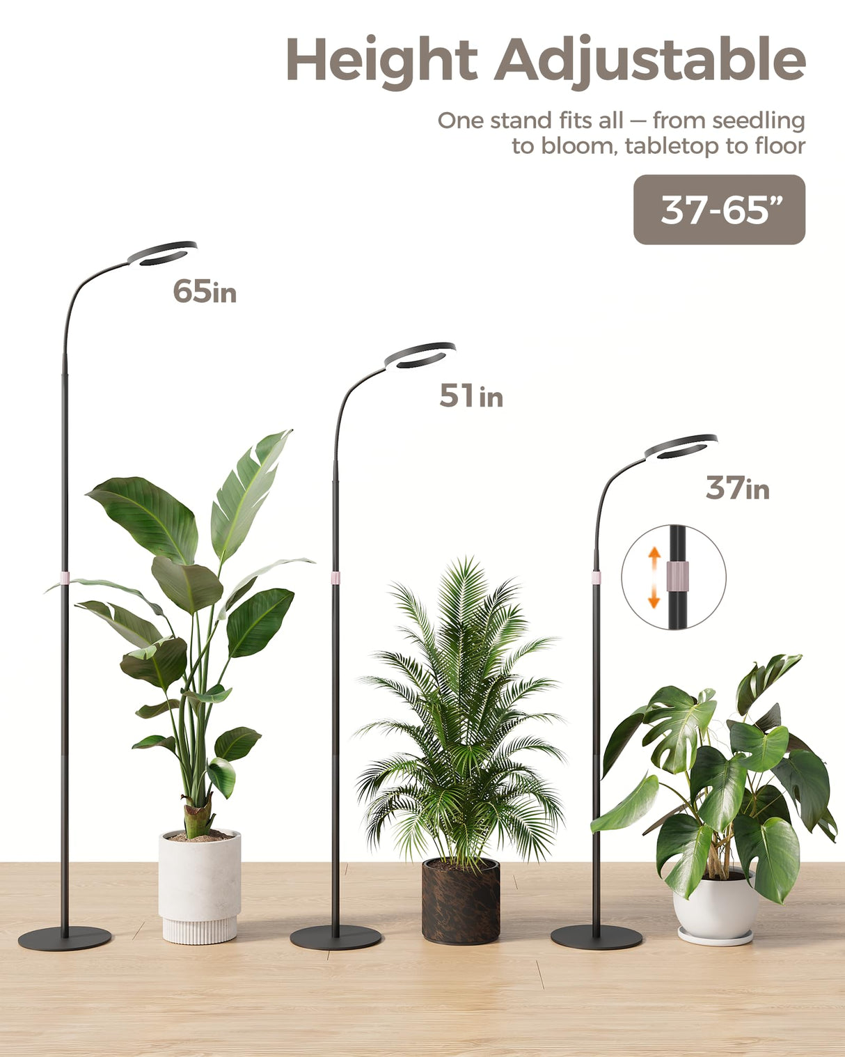 Bamworld Grow Lights for Indoor Plants, Full Spectrum Plant Lights for Indoor Growing, Floor Grow Lamp for Large Plants, Auto ON/Off Timer 3/9/12H, 10 Dimmable Levels, 37-65" Adjustable Height