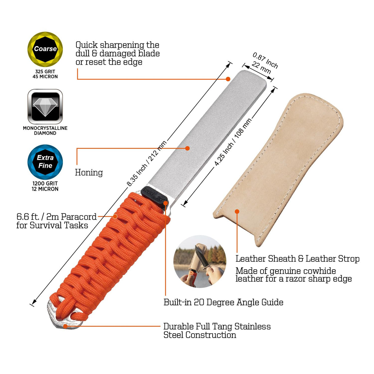 SHARPAL 181N Dual-Grit Diamond Sharpening Stone File Garden Tool Knife Sharpener with Leather Strop Coarse 325 / Extra Fine 1200 Grit for Lawn Mower Blade, Axe, Hatchet, Hedge Shears, Chisels, Drills