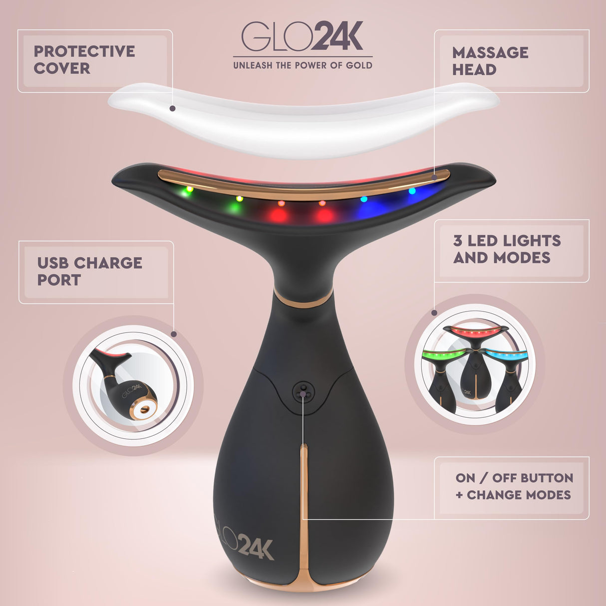 GLO24K Red Light Beauty Device for Face and Neck. Based on Triple Action L E D, Thermal, and Vibration Technologies.