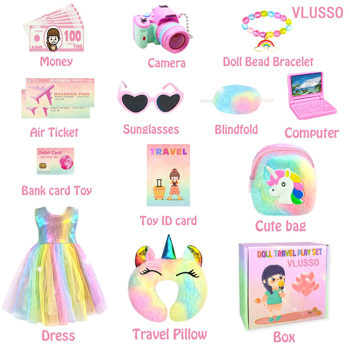 19Pcs 18 inch Girl Doll Accessories Case Luggage Travel Play Set with Clothes Camera Travel Pillow Bag Dress Glasses Stuff Fit 18 inch Doll Christmas Birthday Gift