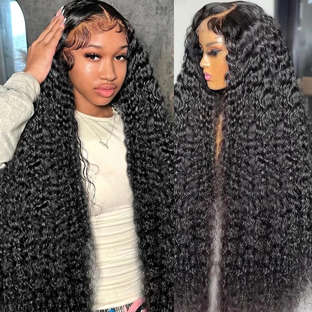 200 density 13x6 Water Wave Lace Front Wigs Human Hair Pre Plucked Glueless Wigs Human Hair Water Deep Cury HD Transparent 13x6 Full Lace Frontal Wigs Brazilian Virgin Hair Wigs Natural Black 28inch