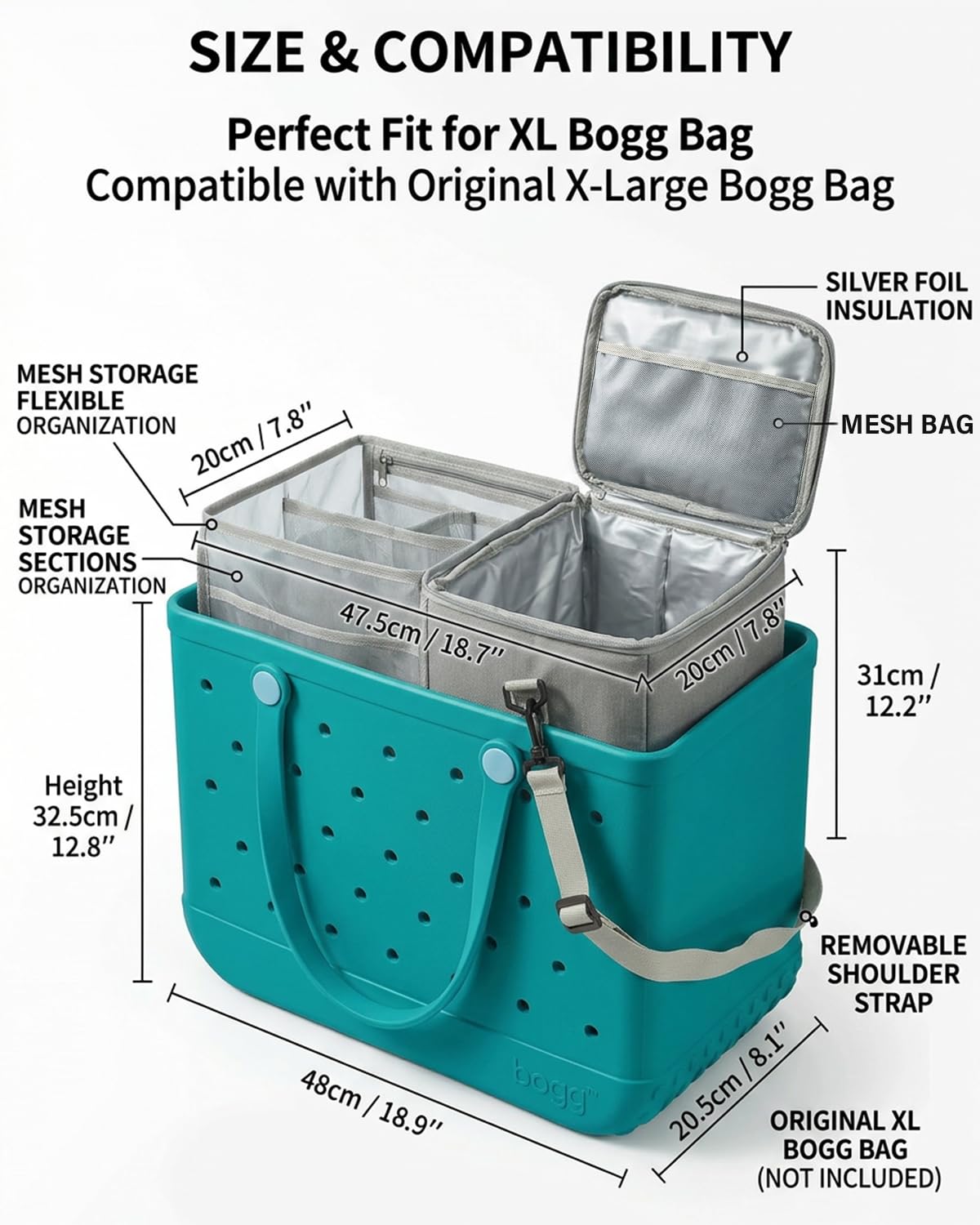 2-in-1 Cooler Organizer Insert for X Large Bogg Bag Accessories, 2-in-1 Dry-Wet Separate Tote Insert with Leakproof Cooler&Mesh Storage Bag,Bogg Bag Accessories for Beach,Camping,Picnic,Travel (Grey)