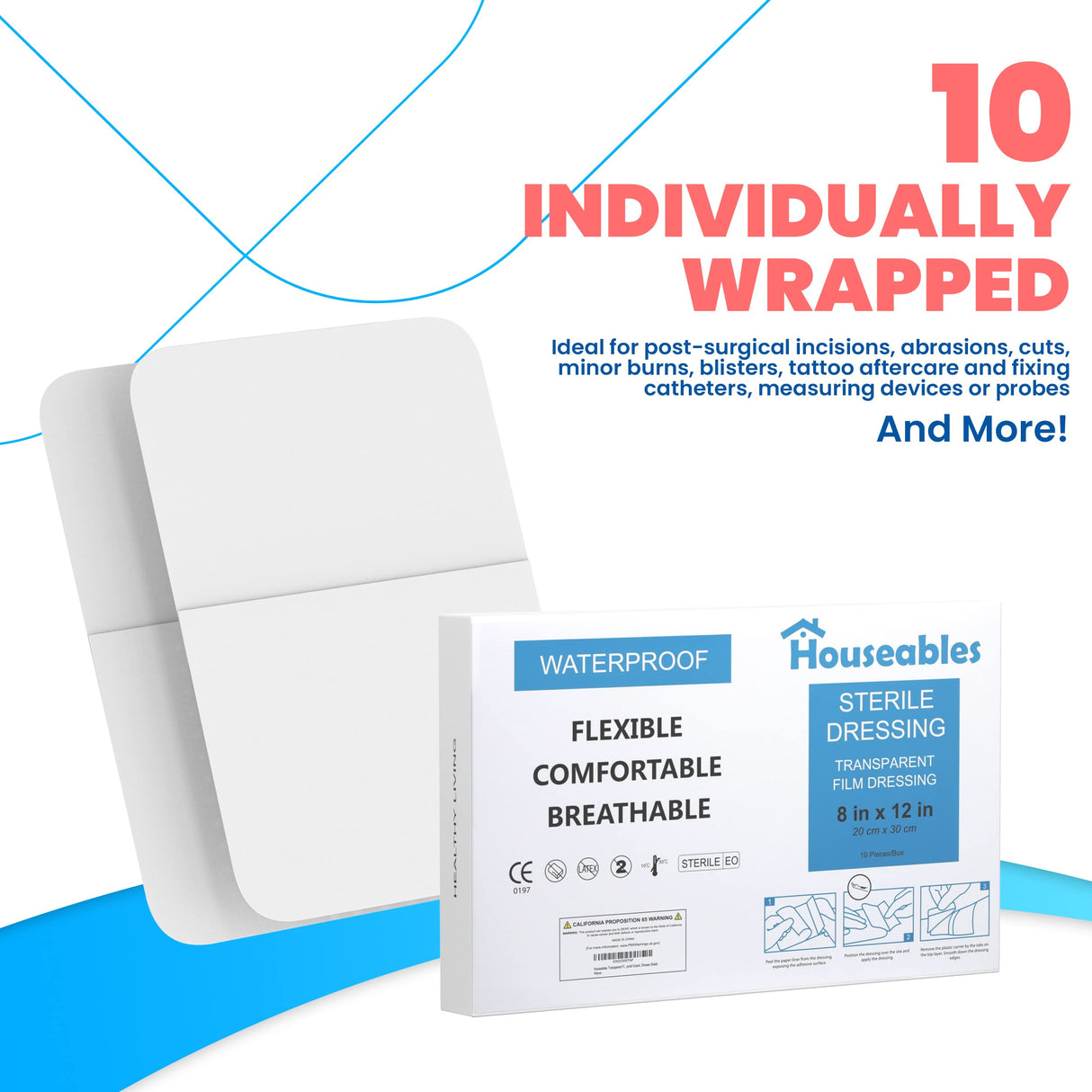 Houseables Waterproof Bandages, Transparent Film Dressing, Waterproof Bandages Post Surgical, Wound Covers for Showering, Swimming Tattoo Cover, After Surgery Protector, Clear, Large, 8x12, 10 Pack