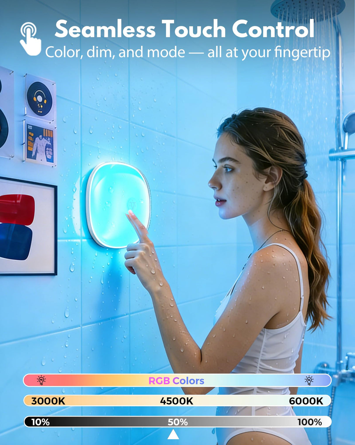 Gotopceed IP65 Waterproof Rechargeable Shower Light - 6โณ 300LM Bright, 16 Colors Bathroom Mood Lighting with Touch & Remote, Magnetic Wireless Ceiling/Wall Light for Inside Shower/Bathtub