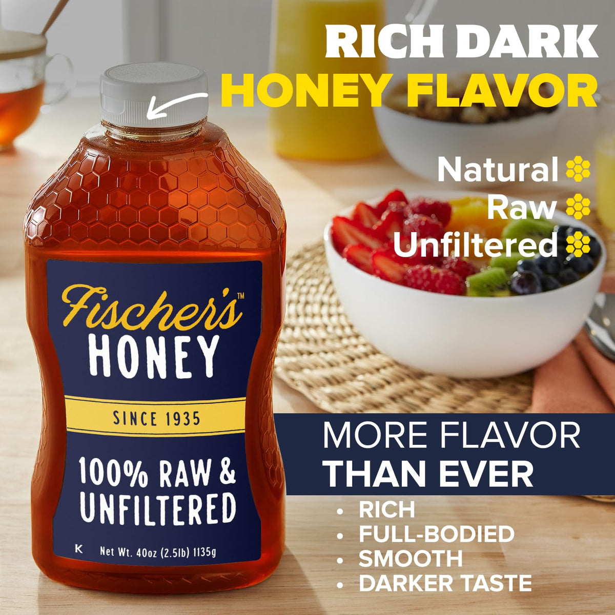 Fischer’s 100% Pure, Raw & Unfiltered Honey - All-Natural Sweetener - Rich Flavor Profile, Packed with Nutrients, 40 oz