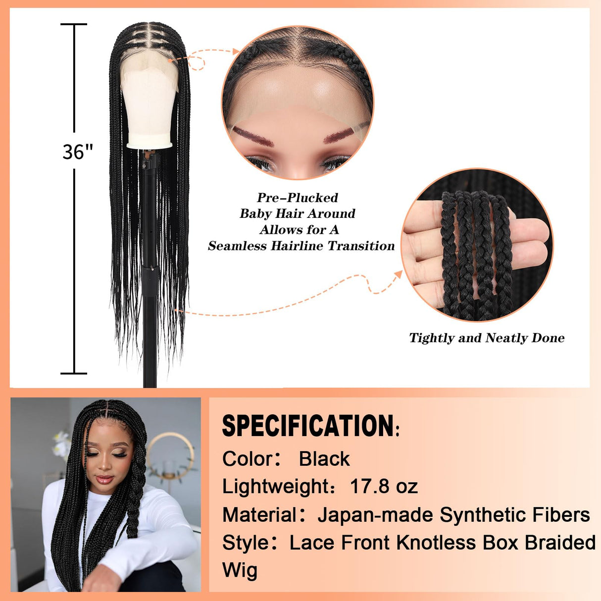 Brinbea 36'' 13X8" HD Lace Front Knotless Braided Wigs for Women Box Braid Wig with Baby Hair Braided Lace Front Wigs Human Hair Blended Braid Wig Natural Long Black