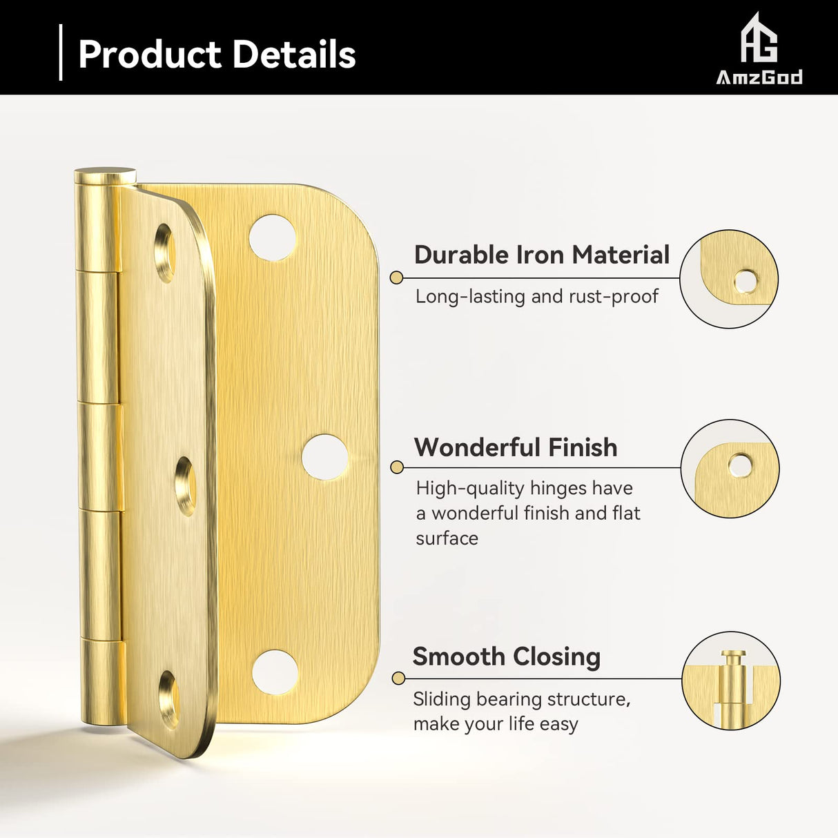 AmzGod Satin Brass Door Hinges - 12 Pack Gold Door Hinges 3.5 Inch Rounded Interior Door Hinge with 5/8" Radius - 3 1/2 Inches Flat Iron Brass Hinges for Residential Standard Doors
