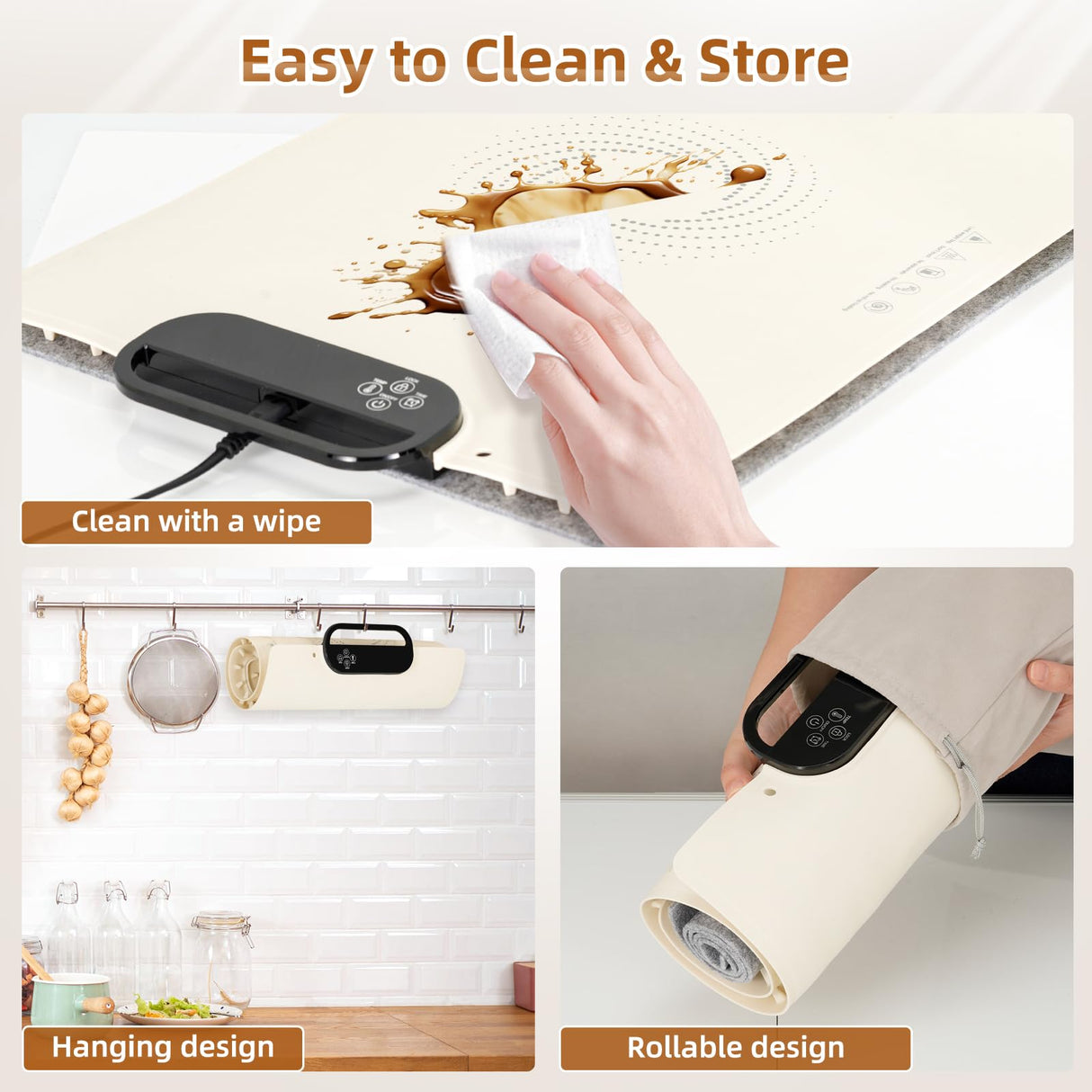Food Warming Mat – Fast Heating Electric Warming Tray with 7 Temp Settings, 11-Hour Timer & Auto Shut-Off, Foldable Silicone Mat with Child Lock, Portable Warming Pad for Buffets, Holidays – Beige