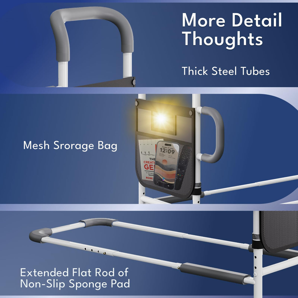 HOMEAL Bed Rails for Elderly Adults Safety - Height Adjustable Bedside Assist Rails for Seniors, Stable Bed Cane Guard Railings with Non-Slip Ergonomic Handle Bar and Storage Pocket (Grey)