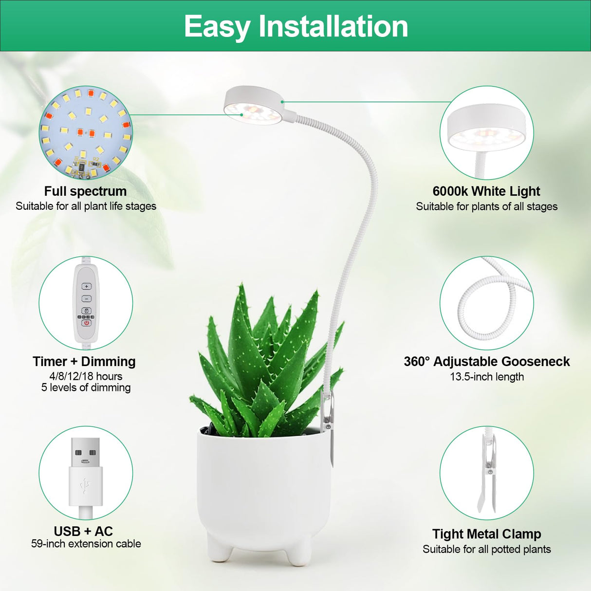 WeeLeeGoo 2 Pack Grow Lights, Pot Clip LED Growing Lamp for Indoor Succulents Pot Mini Small Plants,6000K White Full Spectrum with 5-Level Dimmable, Auto Timer 4/8/12/18 Hrs